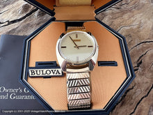 Load image into Gallery viewer, Bulova Lightly Straited Dial, Black/Gold Hands with Original Box, NOS, Manual, 34x40mm