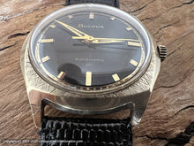 Load image into Gallery viewer, Bulova NOS Black Dial Beauty in Stunning Gold Textured Bezel Case, Automatic, 32.5x38mm