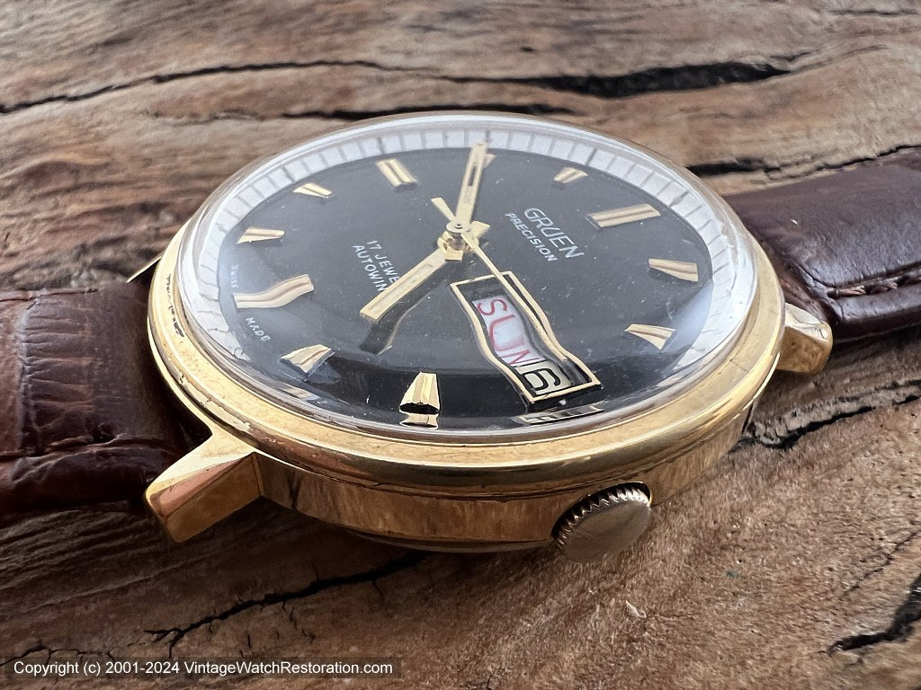 Gruen Precision Perfect Black Dial with Silver Outer Ring, Day