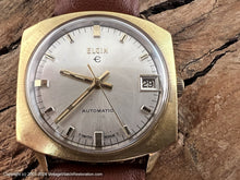 Load image into Gallery viewer, Elgin Sunburst Silver Dial, Hefty Gold Squared Case with Curved Top and Bottom, Date, Automatic, 31.5x31.5mm