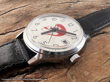 Load image into Gallery viewer, Helbros NOS Pure White Dial with Caricature of Jerry Lewis in Red, Date, Manual, 34.5mm