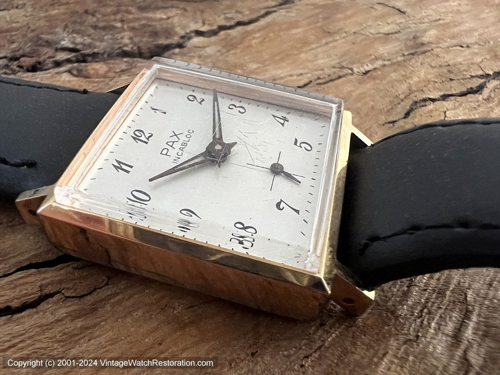 PAX Incabloc Pearl White Minty Dial Square Case, Manual, 25x25mm Vintage Watch Restoration PAX Incabloc Pearl White Minty Dial Square Case, Manual, 25x25mm Vintage Watch Restoration