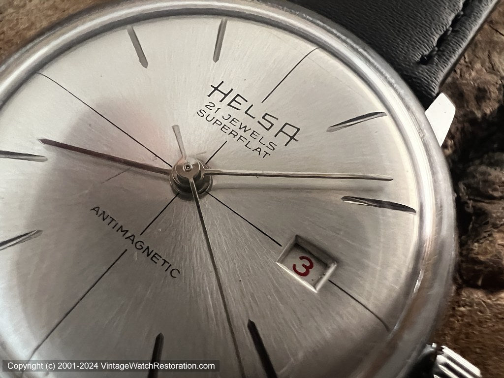 Helsa Brushed Silver Dial, Thin Bar Markers and Inset Date, Manual