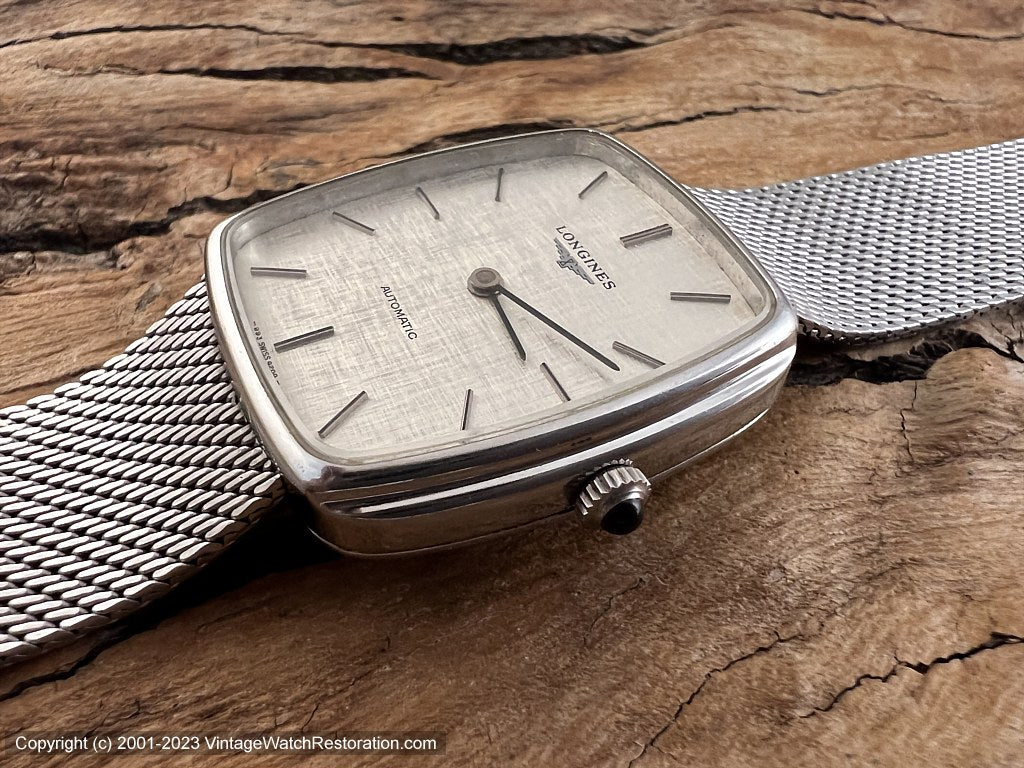 Longines Brushed Linen Dial in a Tonneau Case with Mesh Bracelet