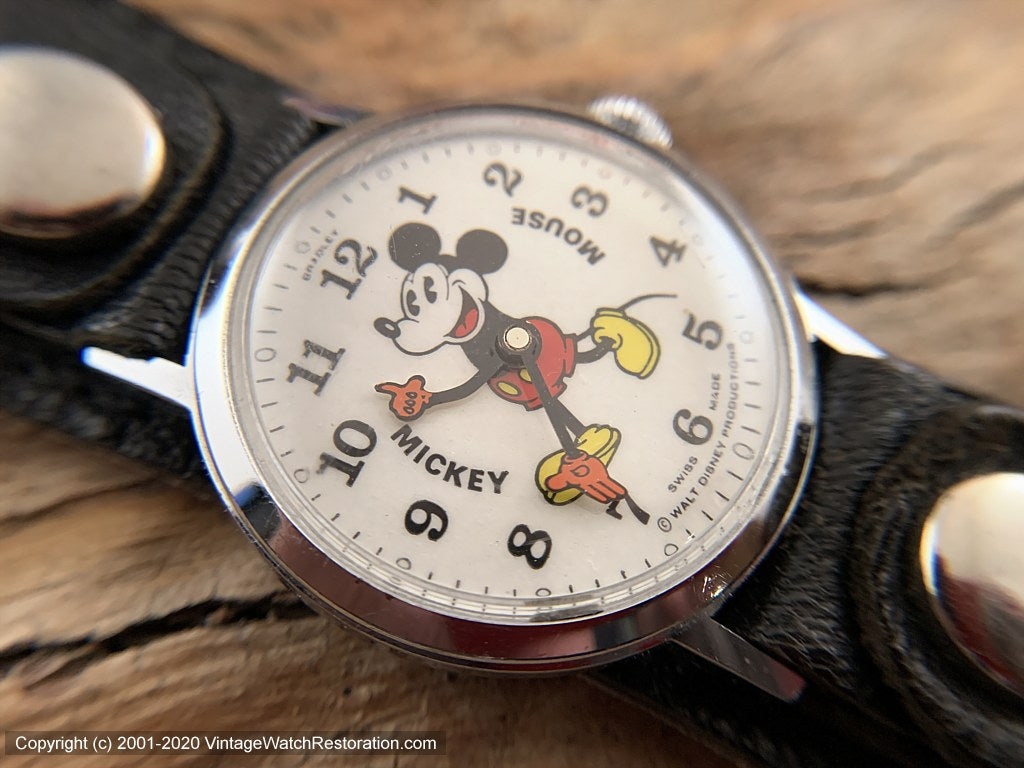 Bradley Mickey Mouse in Perfect Condition on Wide Strap Manual 34mm Vintage Watch Restoration