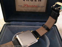 Load image into Gallery viewer, A Real Stunner. Square Stainless and Gold Gruen with Enamel Inlay, Manual, 29x29mm