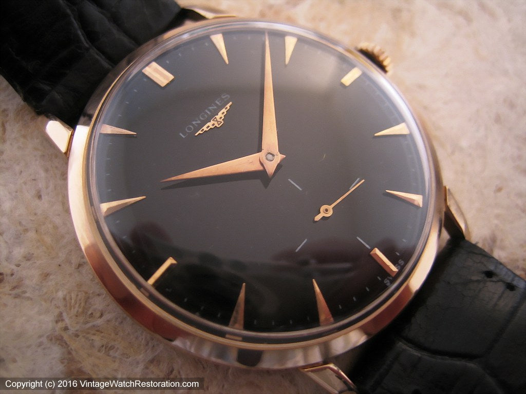 Longines 18K Rose Gold Case with Black Dial, Manual, Large 37mm