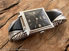 Load image into Gallery viewer, Longines 'Turler' Black Dial Roman Numerals, Square Case, Black Inset Triangular Design Bracelet, Manual, 29x29mm