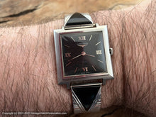 Load image into Gallery viewer, Longines 'Turler' Black Dial Roman Numerals, Square Case, Black Inset Triangular Design Bracelet, Manual, 29x29mm