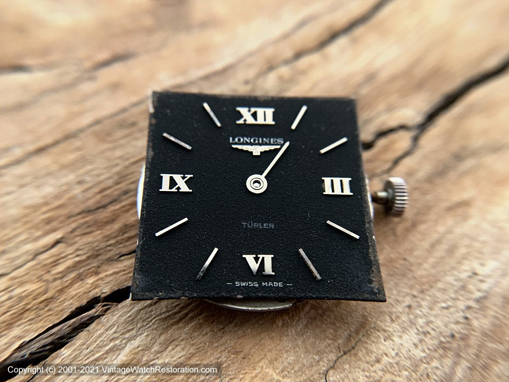Longines 'Turler' Black Dial Roman Numerals, Square Case, Black