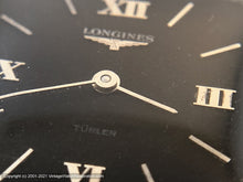 Load image into Gallery viewer, Longines 'Turler' Black Dial Roman Numerals, Square Case, Black Inset Triangular Design Bracelet, Manual, 29x29mm