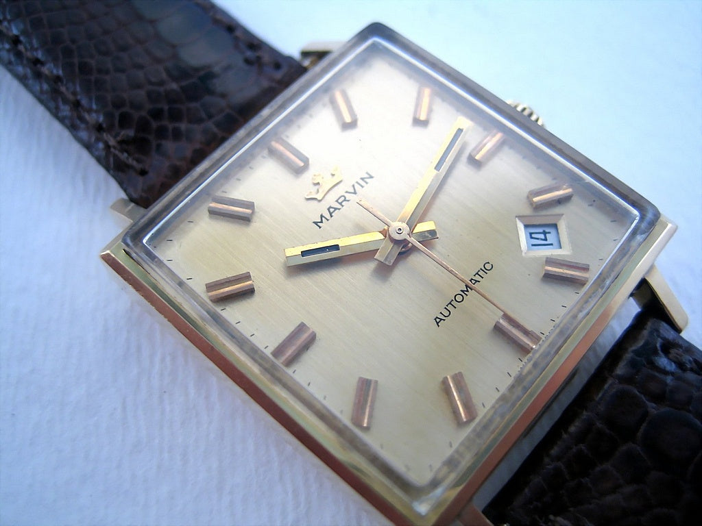 Marvin 18K Gold Square Automatic 29x29mm Vintage Watch Restoration