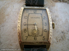 Load image into Gallery viewer, Early Rare 14K Gold Tonneau Tank Zenith with Decorative Case, Manual, 25.5x38mm