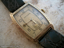 Load image into Gallery viewer, Early Rare 14K Gold Tonneau Tank Zenith with Decorative Case, Manual, 25.5x38mm