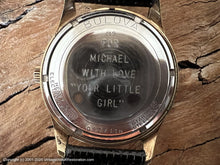 Load image into Gallery viewer, Bulova NOS Black Dial Beauty in Stunning Gold Textured Bezel Case, Automatic, 32.5x38mm
