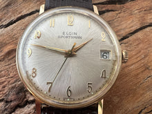 Load image into Gallery viewer, Elgin German-Made 'Sportsman' NOS Silver Sunburst Dial with Date and Original Presentation Box, Manual, Large 34mm
