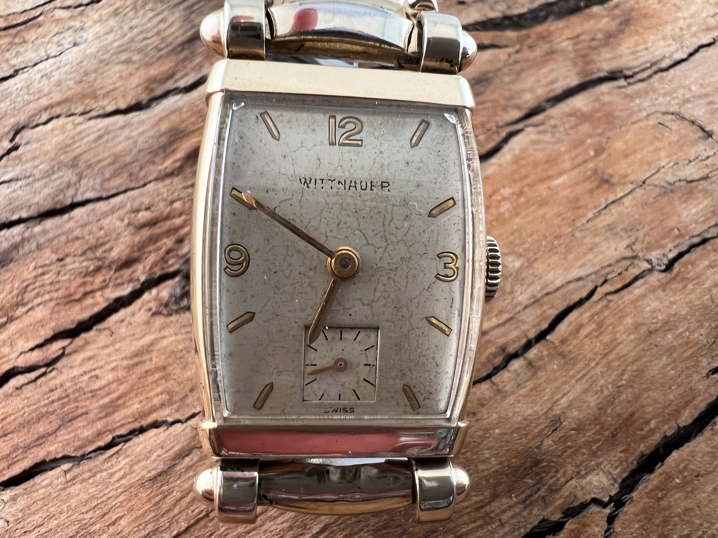 Wittnauer with Softly Crazed Parchment Patina Dial in Rectangular Case with Bold Lugs, Manual, 23x40mm