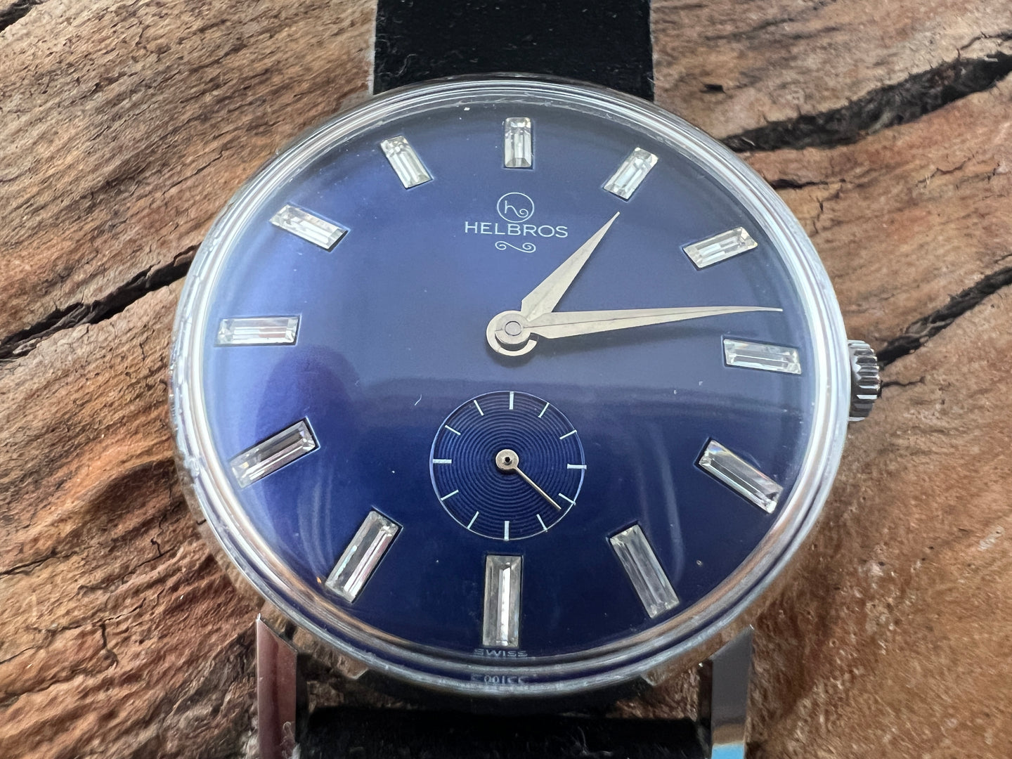 Helbros Stunning Blue Dial with Raised Reflective Crystal Hour Markers, Manual, 34mm