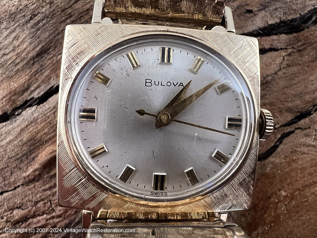 Bulova Oval Dial with Beautiful Textured Rectangular Case and Matching Bracelet, Manual, 28x26.5mm