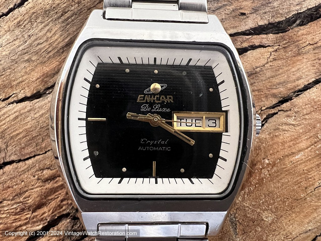 Enicar 'Crystal' Black & White Dial Day/Date, Automatic, 37x37.5mm