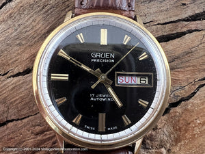Gruen Precision Perfect Black Dial with Silver Outer Ring, Day/Date, Automatic, 34.5mm