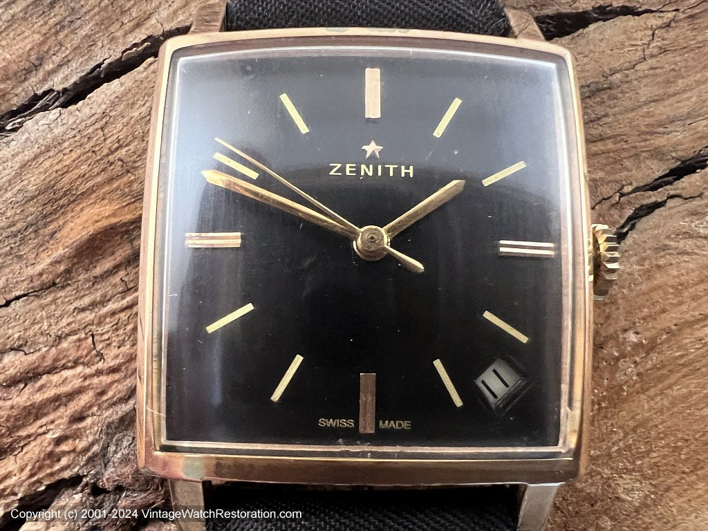 Zenith Black Dial with Date in Square Red-Gold Case, Manual