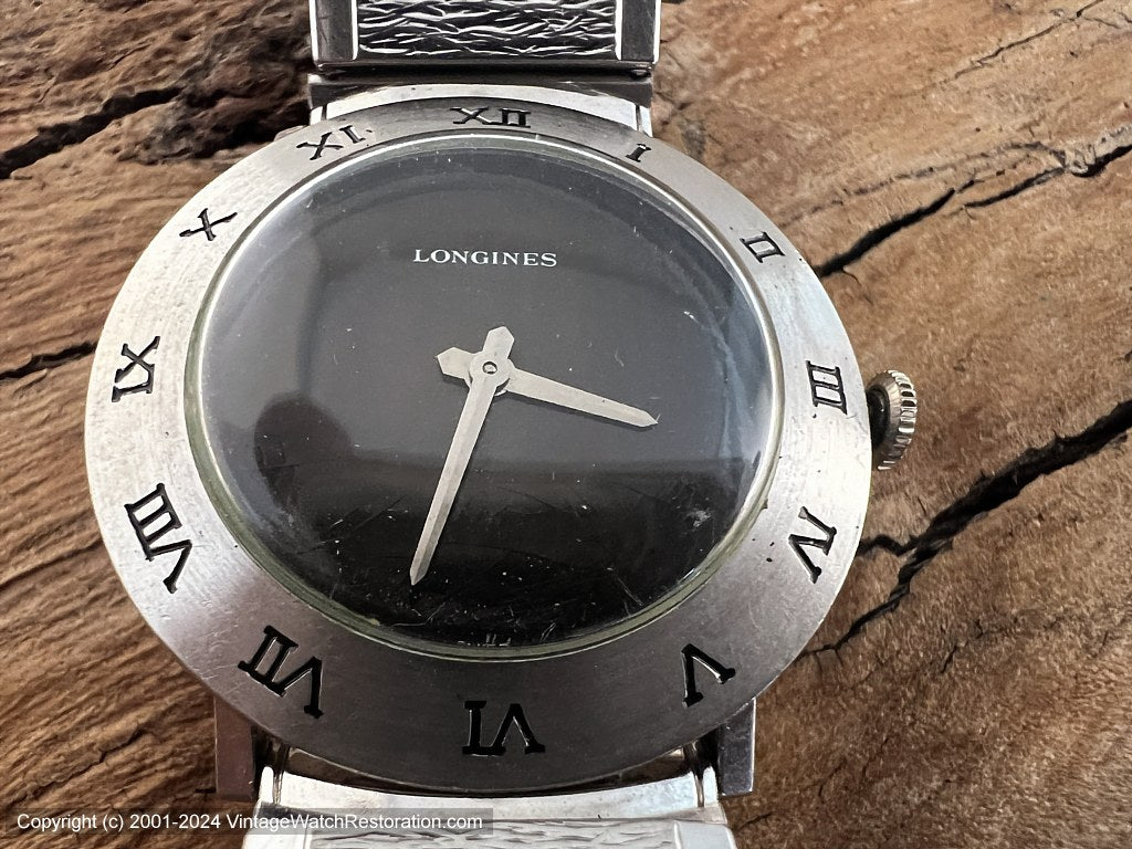 Longines Black Dial with Roman Numerals on Front Bezel, Manual, 33mm