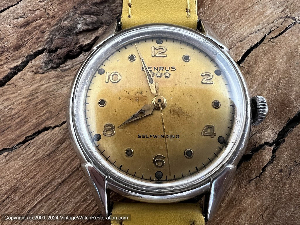 Benrus Mustard Yellow Patina Dial 3-Star, Automatic, 32.5mm