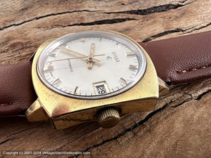 Elgin Sunburst Silver Dial, Hefty Gold Squared Case with Curved Top and Bottom, Date, Automatic, 31.5x31.5mm