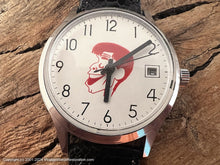 Load image into Gallery viewer, Helbros NOS Pure White Dial with Caricature of Jerry Lewis in Red, Date, Manual, 34.5mm
