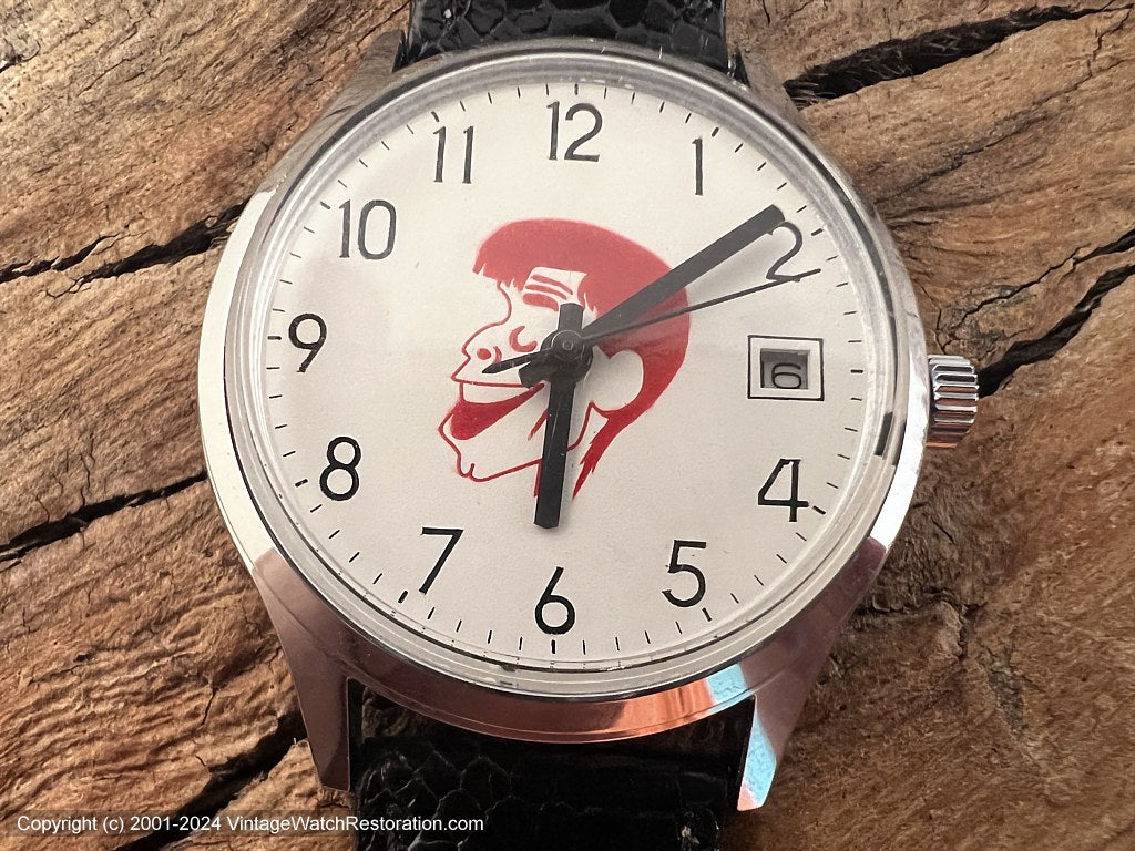 Helbros NOS Pure White Dial with Caricature of Jerry Lewis in Red, Date, Manual, 34.5mm