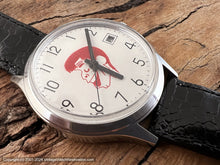 Load image into Gallery viewer, Helbros NOS Pure White Dial with Caricature of Jerry Lewis in Red, Date, Manual, 34.5mm
