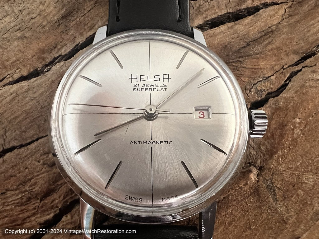 Helsa Brushed Silver Dial, Thin Bar Markers and Inset Date, Manual