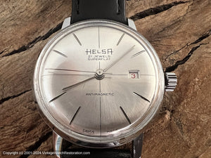 Helsa Brushed Silver Dial, Thin Bar Markers and Inset Date, Manual, 34mm