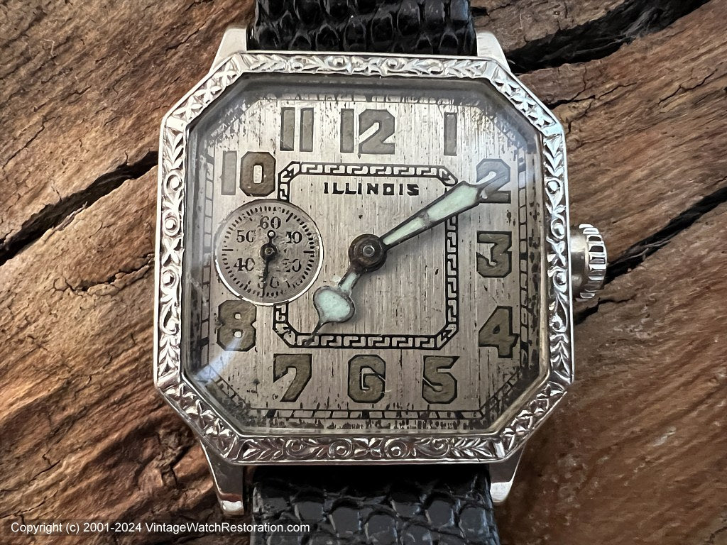 Illinois Brushed Silver Dial, Second Dial at 9 o'clock, Elegantly Designed Square Cut Case, Manual , 27.5x35.5mm