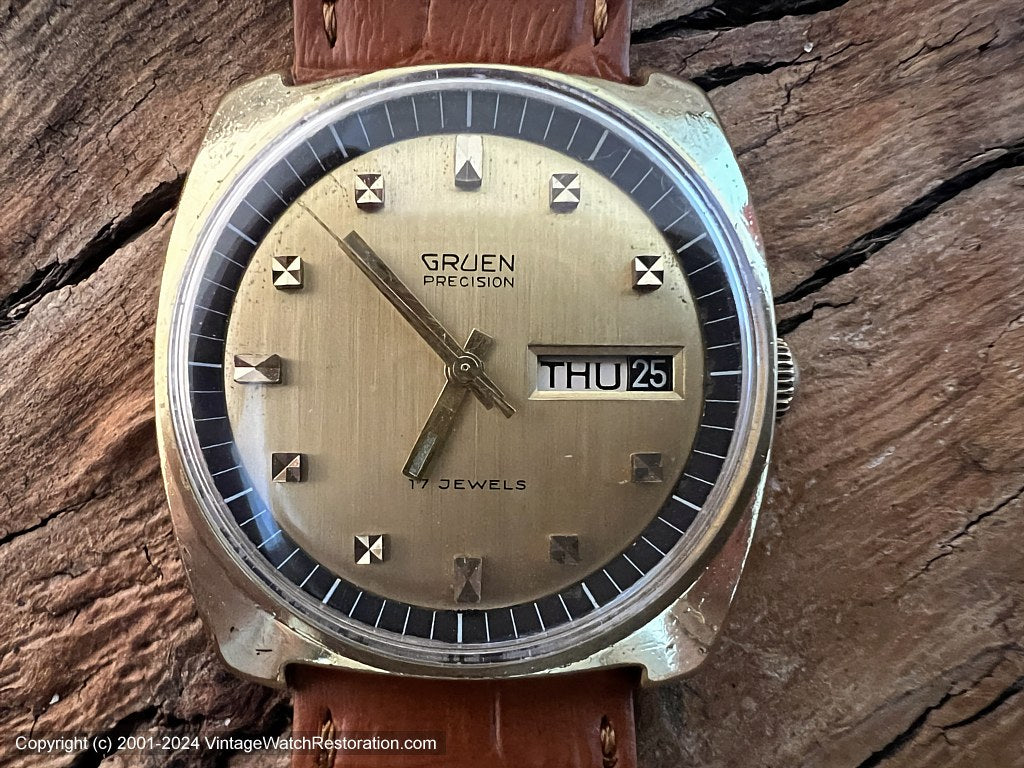 Gruen Precision Golden Dial Raised Hour Markers, Day & Date