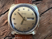 Load image into Gallery viewer, Gruen Precision Golden Dial Raised Hour Markers, Day &amp; Date, Manual, 34x36mm
