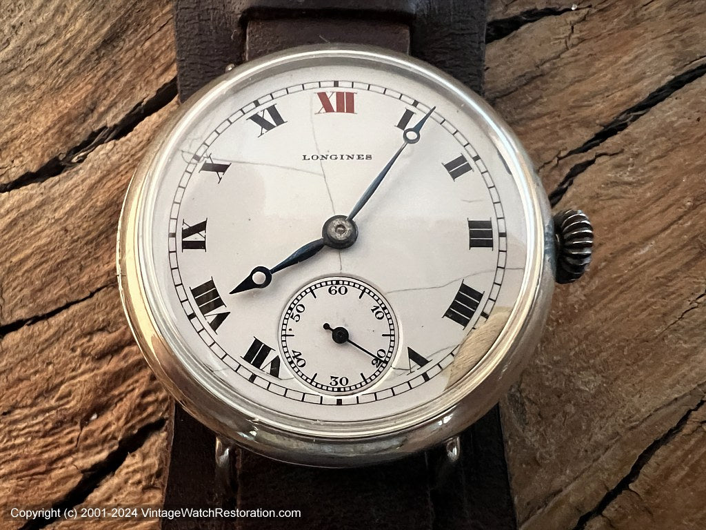 Longines WWI Era Porcelain Dial Roman Numerals, Manual, 34mm