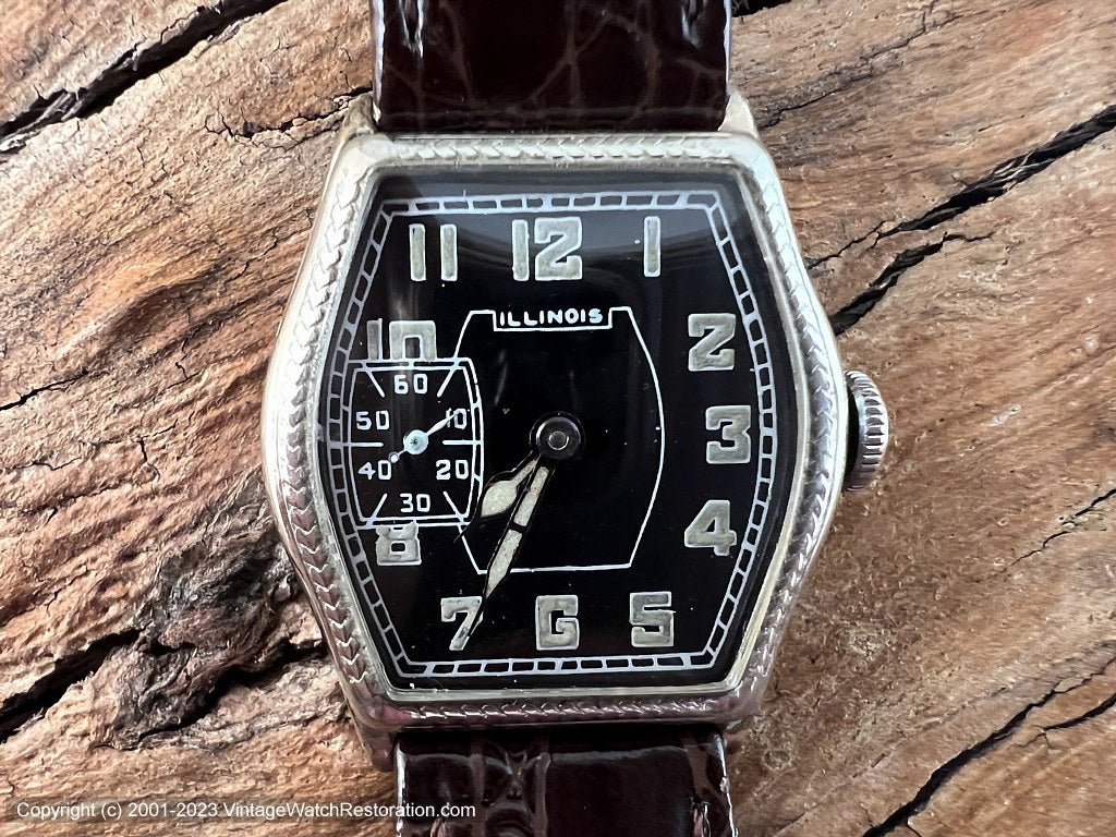 Illinois 'Ensign' Black Dial with White Markings and Light Amber Lume Numbers, Manual, 28x34mm