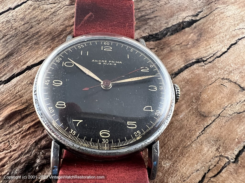 Ancre 'Prima' Black Dial Military Style Dial with Ultra Fine Gold Markings, Manual, 35mm