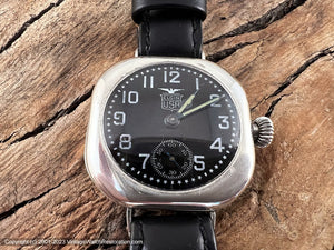 Elgin USA Pershing 'Eagle' Black Dial in Rounded Square Sterling Silver Case, Manual, 32x32mm
