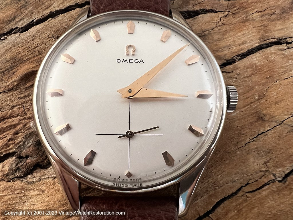 Omega c.1949 Pearl White Dial, Rose Gold Markers, in Large Case, Manual, Huge 38.5mm