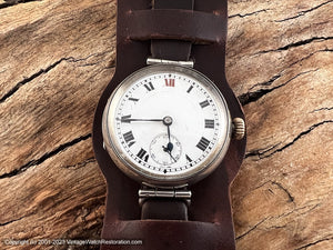 Weill & Cie Trench with Porcelain Dial and Roman Numerals in Sterling Silver Clam Case, Manual, 34mm