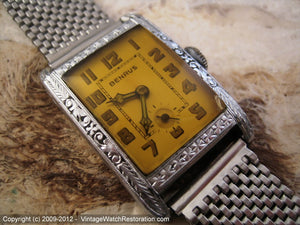 Benrus Tank with Decorative White Gold Filled Case and Amber Crystal, Manual, 24.5x37.5mm