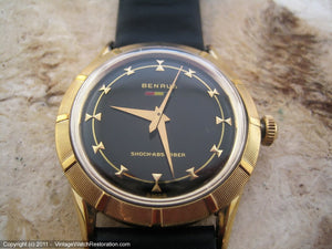 Stunningly Beautiful Black Dial Benrus with Sunburst Bezel Case, Manual, Large 34mm