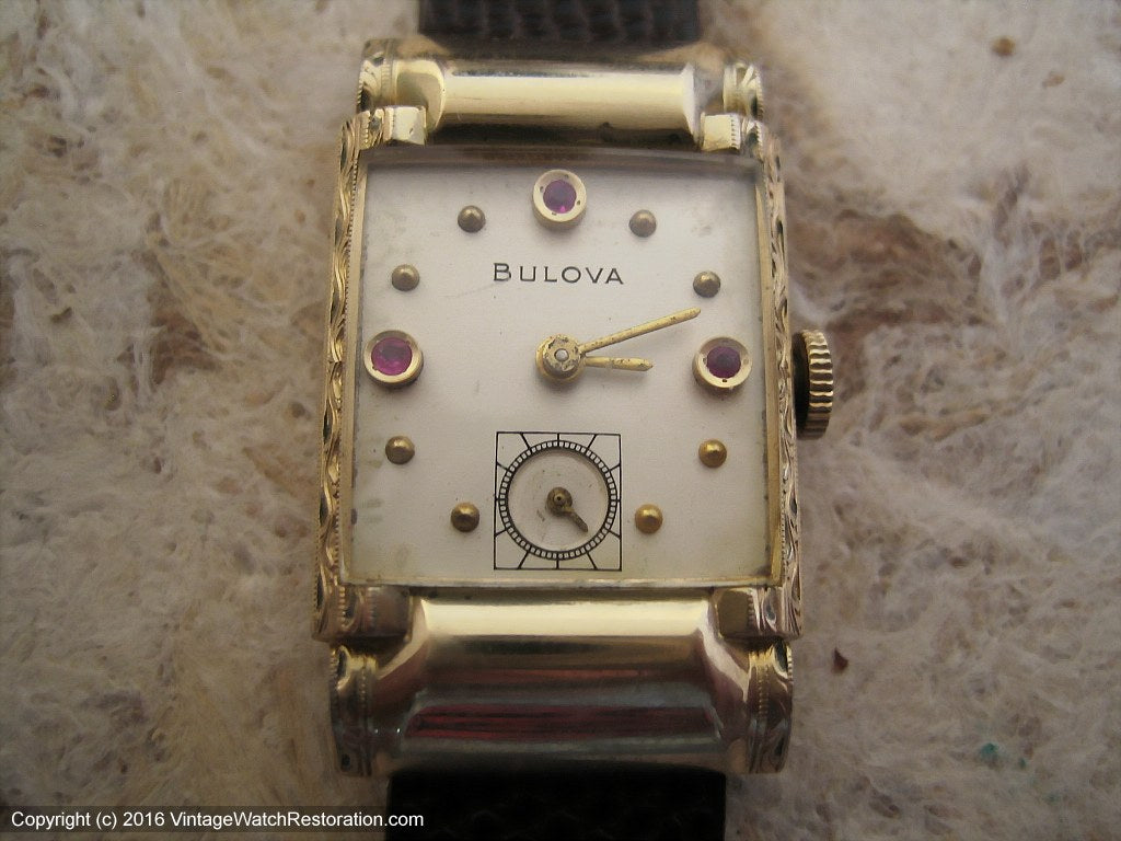 Early 1950s Bulova Decorative Case with Ruby Markers, Manual, 22x36mm
