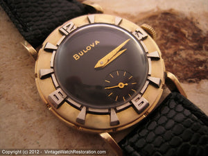 Birkshire model with a WOW Rare Black Dial Bulova with Raised Silver Deco Numbers around Bezel, Manual, 31mm