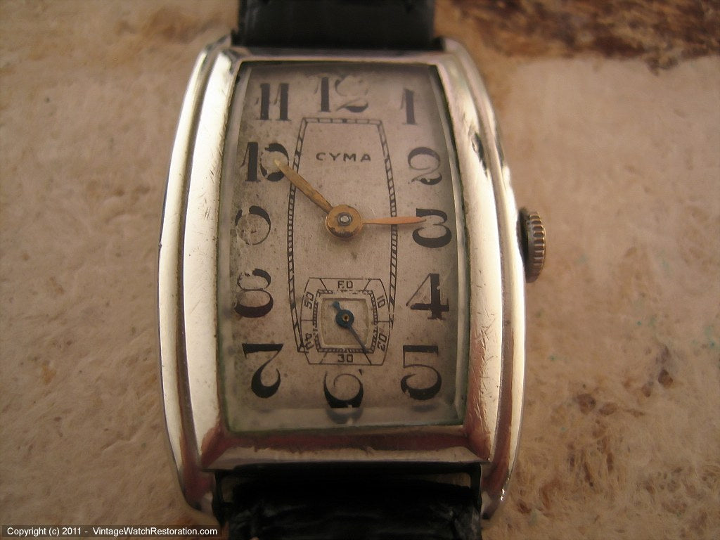 Cyma Art Nouveau Style Numbered Dial on Early Tank-Shaped Case