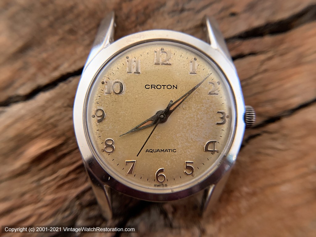 Croton Aquamatic Golden Patina Dial on Unusual Wide Black Leather Strap, Automatic, 32mm