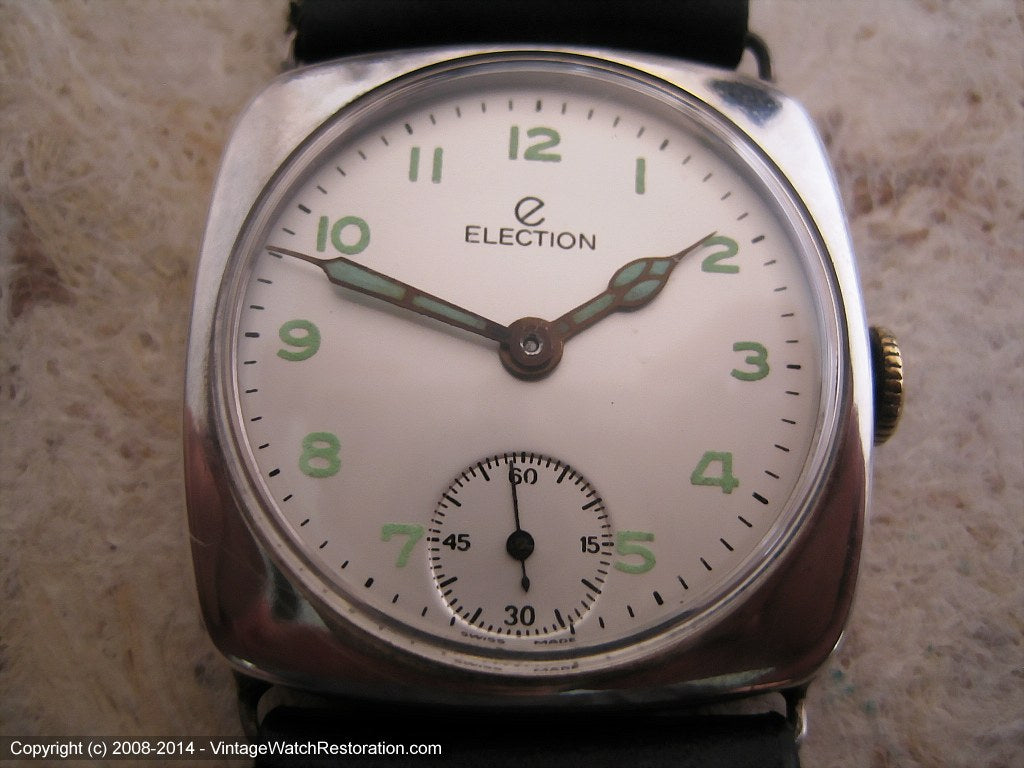 Large Early Election Sterling Silver Case with Fabulous Green Lume Number Dial, Manual, Large 33x38mm